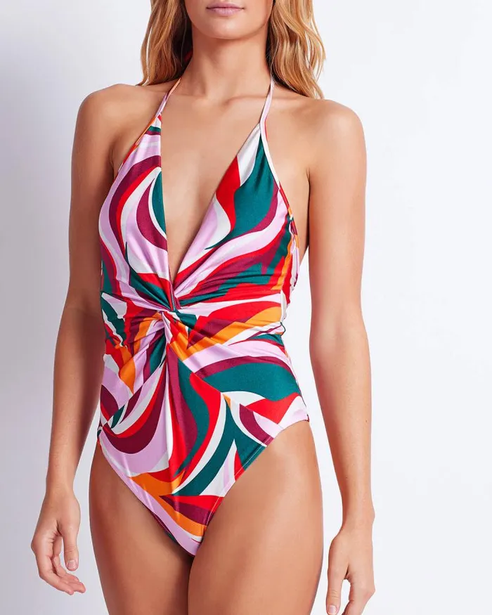 Women One Pieces PatBO DELOS PLUNGE SWIMSUIT FINAL SALE Red Multi