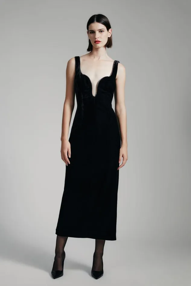 Women Party Dresses Bardot Brooklyn Velour Midi Dress In Black Black