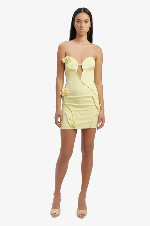 Women Party Dresses Bardot Eleni Flower Detail Mini Dress In Canary Yellow Canary Yellow