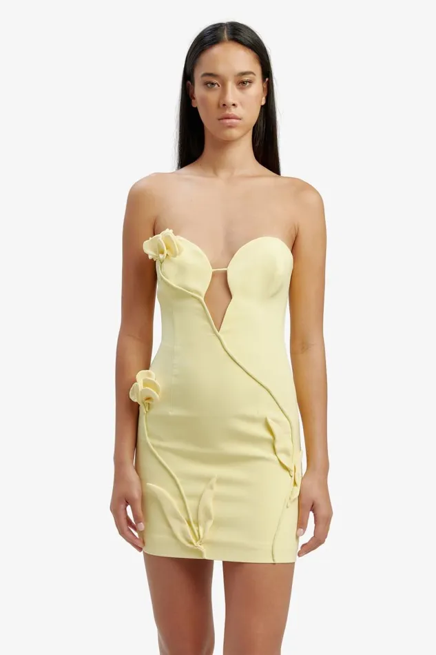 Women Party Dresses Bardot Eleni Flower Detail Mini Dress In Canary Yellow Canary Yellow