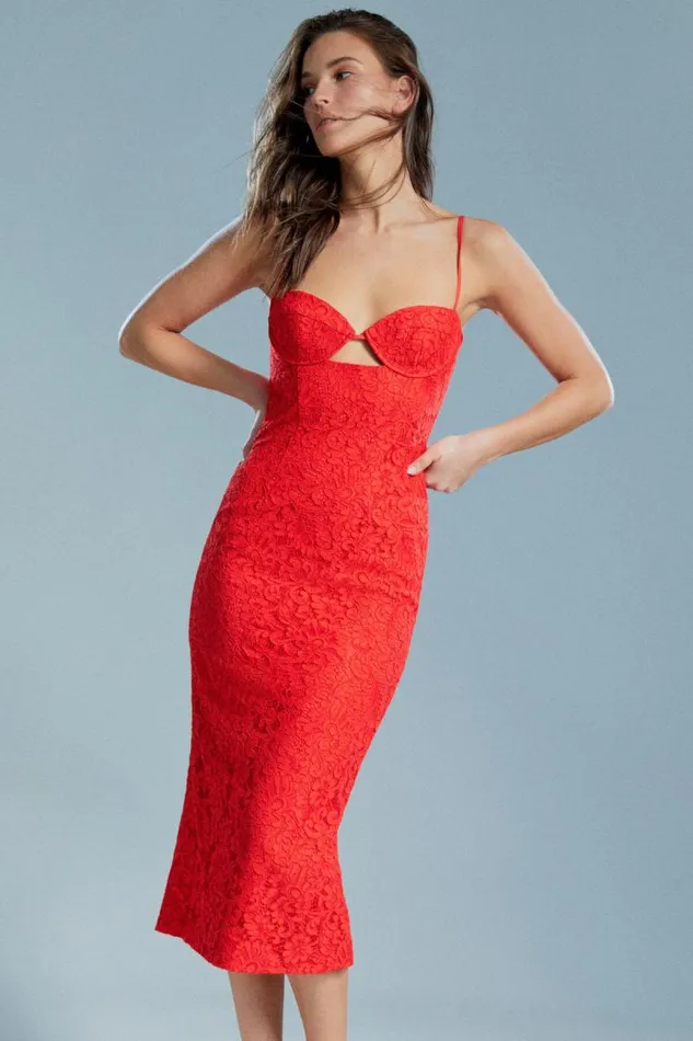Women Party Dresses Bardot Ivanna Lace Midi Dress In Fire Red Fire Red