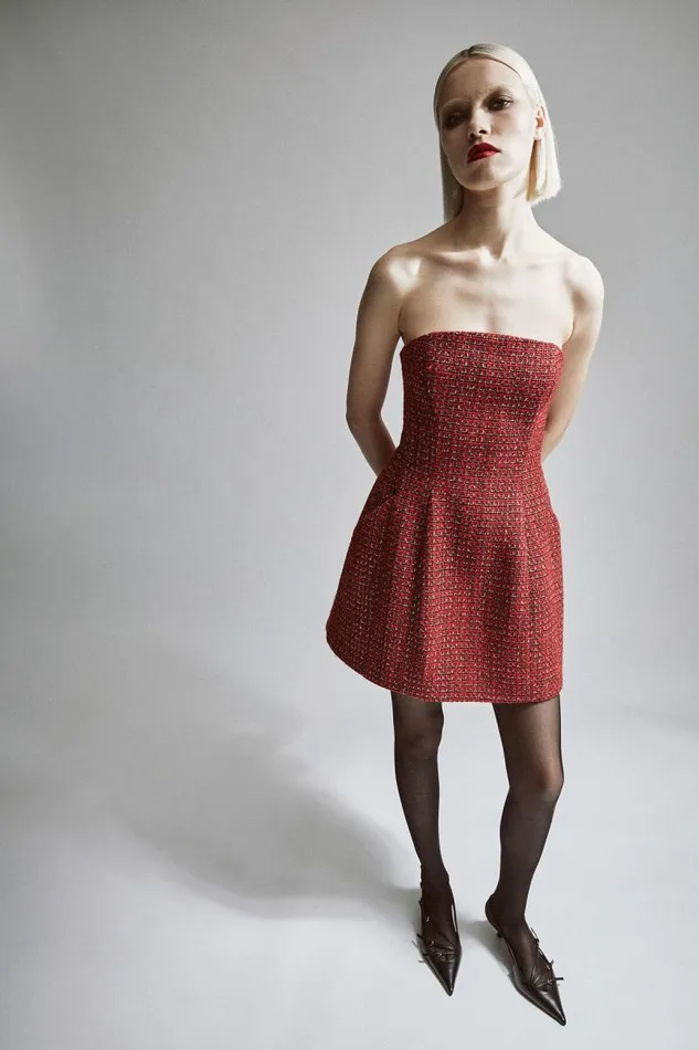 Women Party Dresses Bardot Karoline Boucle Mini Dress In Red Check Red Check