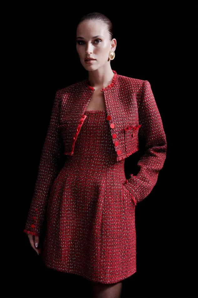 Women Party Dresses Bardot Karoline Boucle Mini Dress In Red Check Red Check