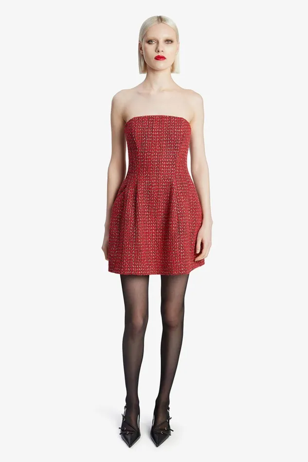 Women Party Dresses Bardot Karoline Boucle Mini Dress In Red Check Red Check
