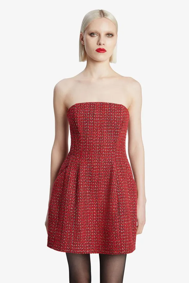Women Party Dresses Bardot Karoline Boucle Mini Dress In Red Check Red Check