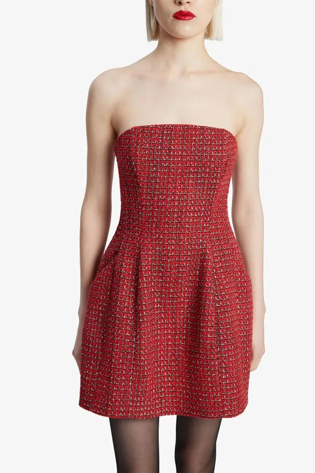 Women Party Dresses Bardot Karoline Boucle Mini Dress In Red Check Red Check