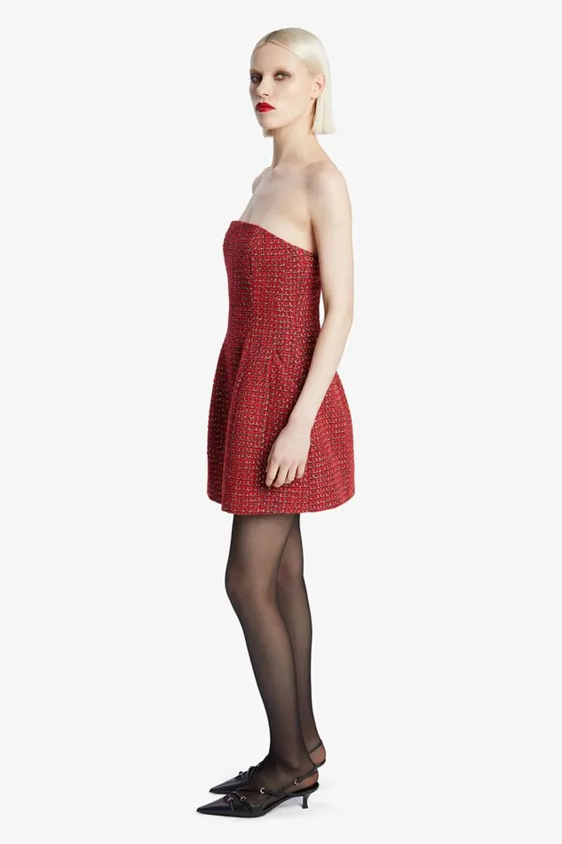 Women Party Dresses Bardot Karoline Boucle Mini Dress In Red Check Red Check