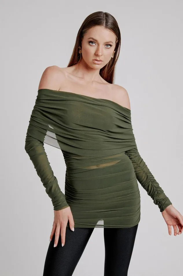 Women Party Tops Bardot Camelia Mesh Top In Khaki Khaki