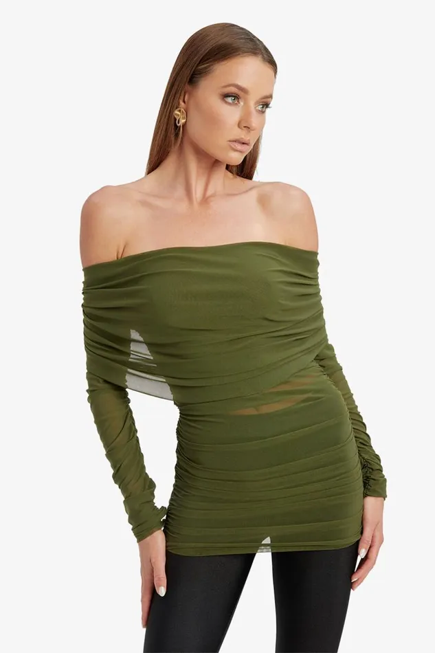 Women Party Tops Bardot Camelia Mesh Top In Khaki Khaki