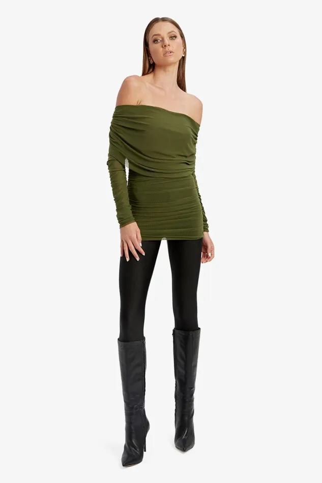Women Party Tops Bardot Camelia Mesh Top In Khaki Khaki
