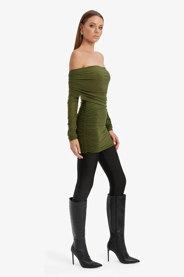 Women Party Tops Bardot Camelia Mesh Top In Khaki Khaki