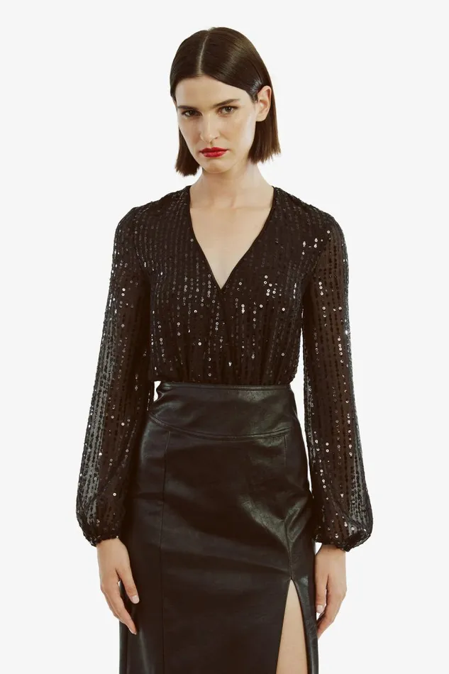 Women Party Tops Bardot Sequin Wrap Bodysuit In Black Black