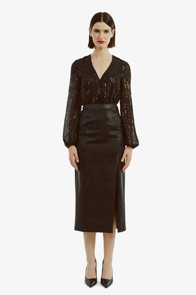 Women Party Tops Bardot Sequin Wrap Bodysuit In Black Black