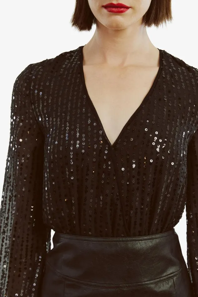 Women Party Tops Bardot Sequin Wrap Bodysuit In Black Black