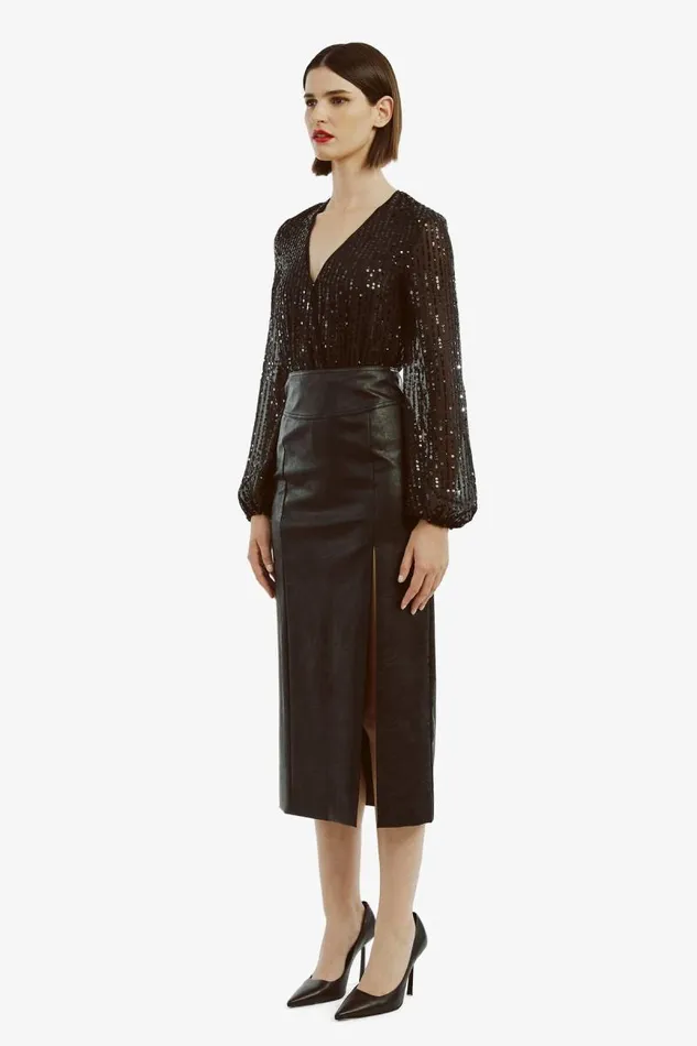 Women Party Tops Bardot Sequin Wrap Bodysuit In Black Black