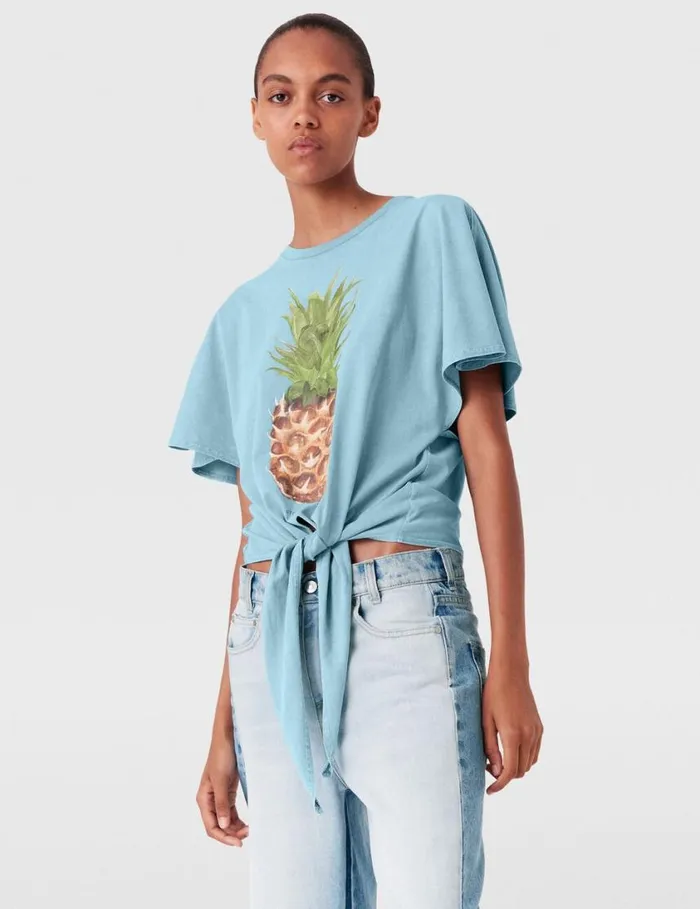Women Pineapple Tiefront Cotton TShirt Washed Light Blue Stella McCartney Sweatshirts And TShirts Women Pineapple Tiefront Cotton TShirt Washed Light Blue Stella McCartney Sweatshirts And TShirts