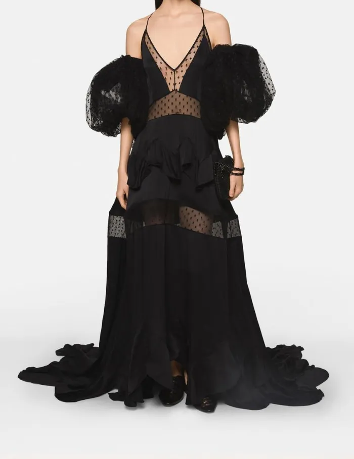 Women Puff Sleeve Polka Dot Mesh Maxi Dress Midnight Black Stella McCartney Dresses