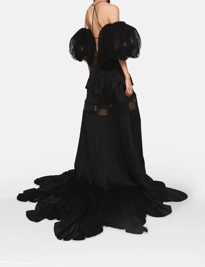 Women Puff Sleeve Polka Dot Mesh Maxi Dress Midnight Black Stella McCartney Dresses