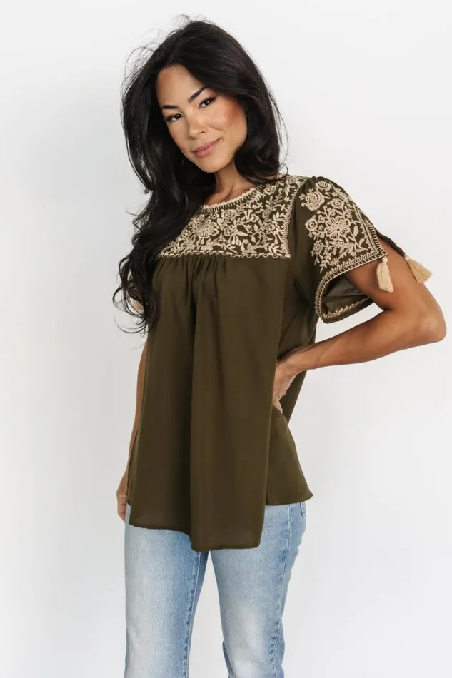 Women Royce Embroidered Top Olive Baltic Born Blouses and Shirts