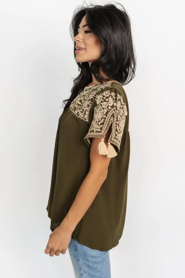 Women Royce Embroidered Top Olive Baltic Born Blouses and Shirts