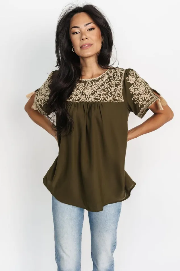 Women Royce Embroidered Top Olive Baltic Born Blouses and Shirts