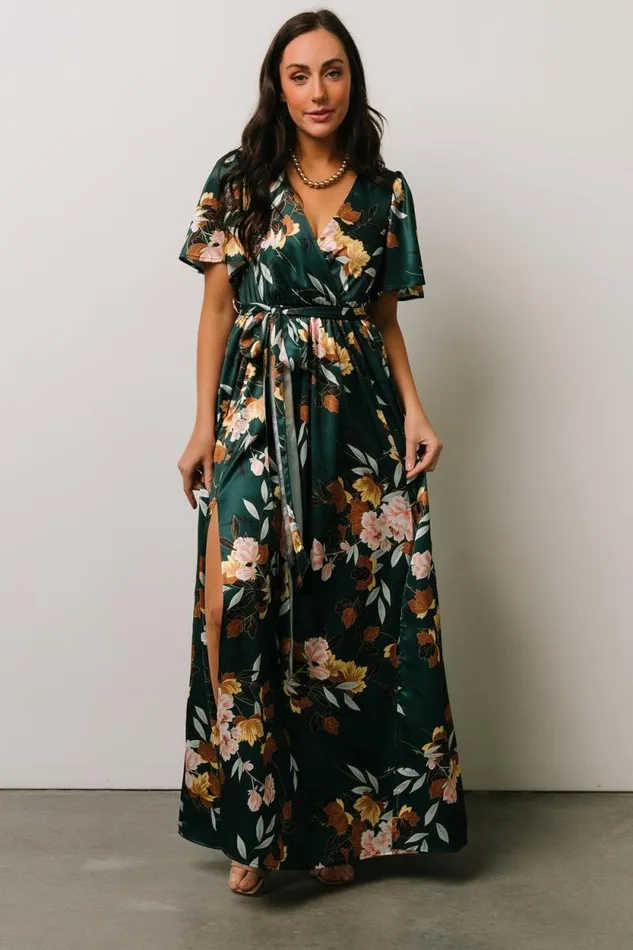Women Sicily Satin Maxi Dress Dark Green Floral Baltic Born Maxi Dresses