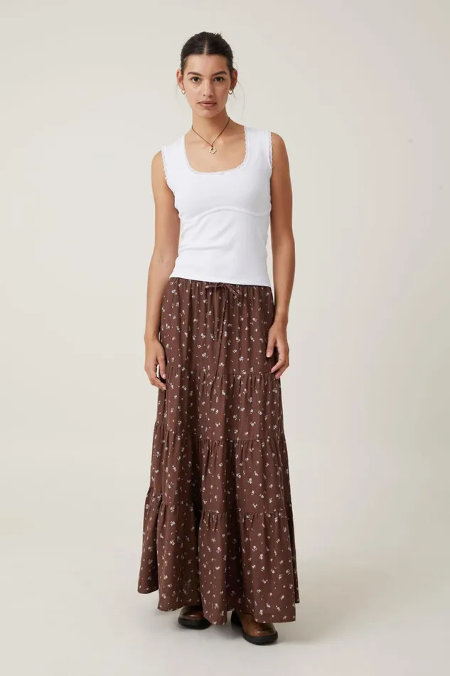 Women Skirts Cotton On Haven Tiered Maxi Skirt Esme Ditsy Dark Oak