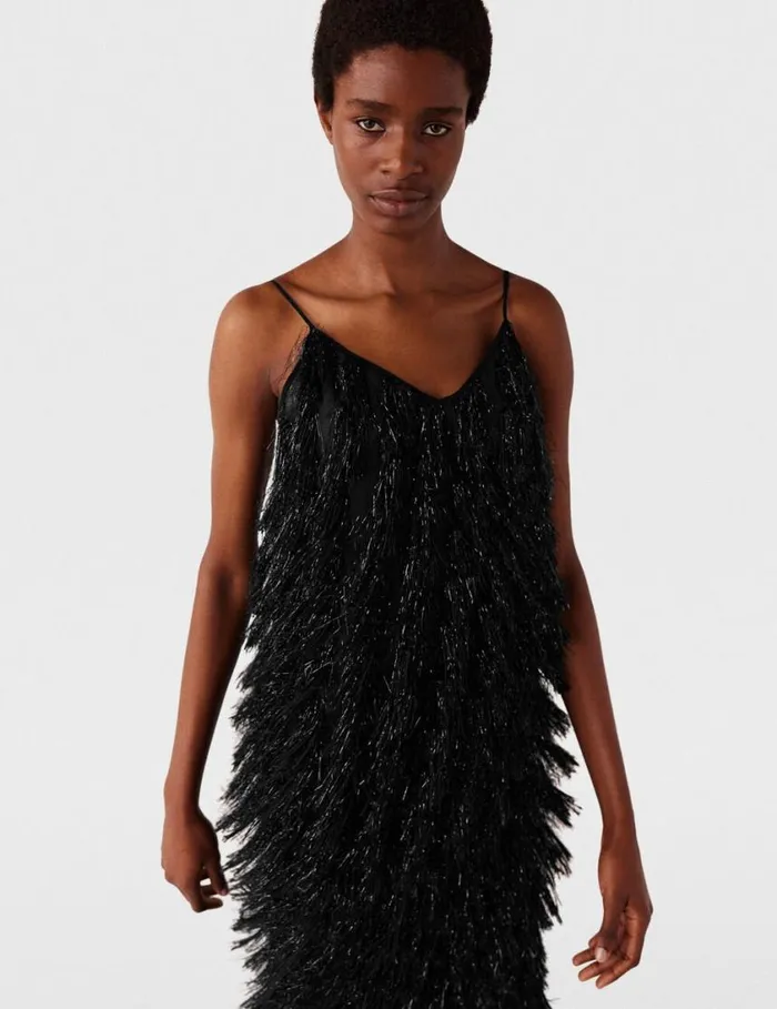 Women Sleeveless Glitter Tassel VNeck Top Black Glitter Stella McCartney Shirts And Tops