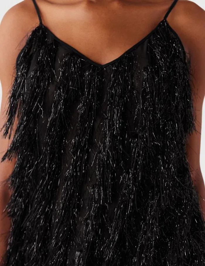 Women Sleeveless Glitter Tassel VNeck Top Black Glitter Stella McCartney Shirts And Tops