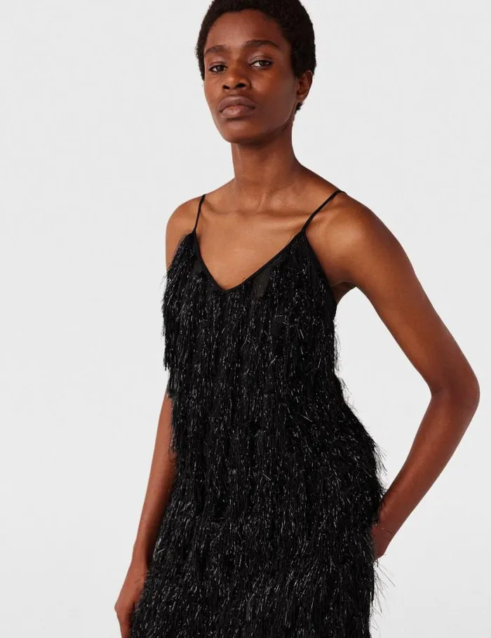 Women Sleeveless Glitter Tassel VNeck Top Black Glitter Stella McCartney Shirts And Tops