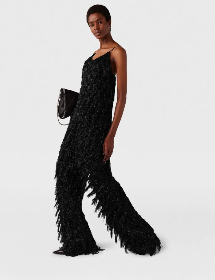 Women Sleeveless Glitter Tassel VNeck Top Black Glitter Stella McCartney Shirts And Tops