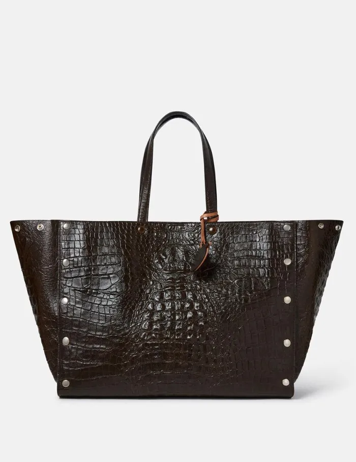 Women Stella Studs Large CrocEmbossed Tote Bag Coffee Brown Stella McCartney Shoulder Bags