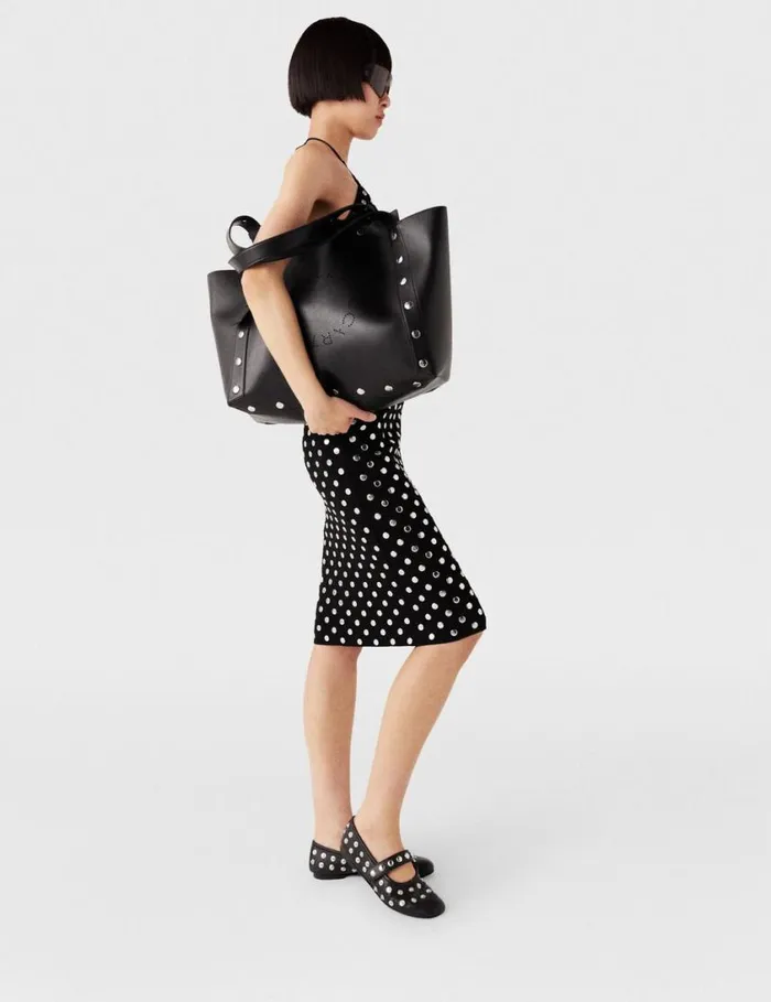 Women Stella Studs Large Tote Bag Pitch Black Stella McCartney Logo Bag Women Stella Studs Large Tote Bag Pitch Black Stella McCartney Logo Bag