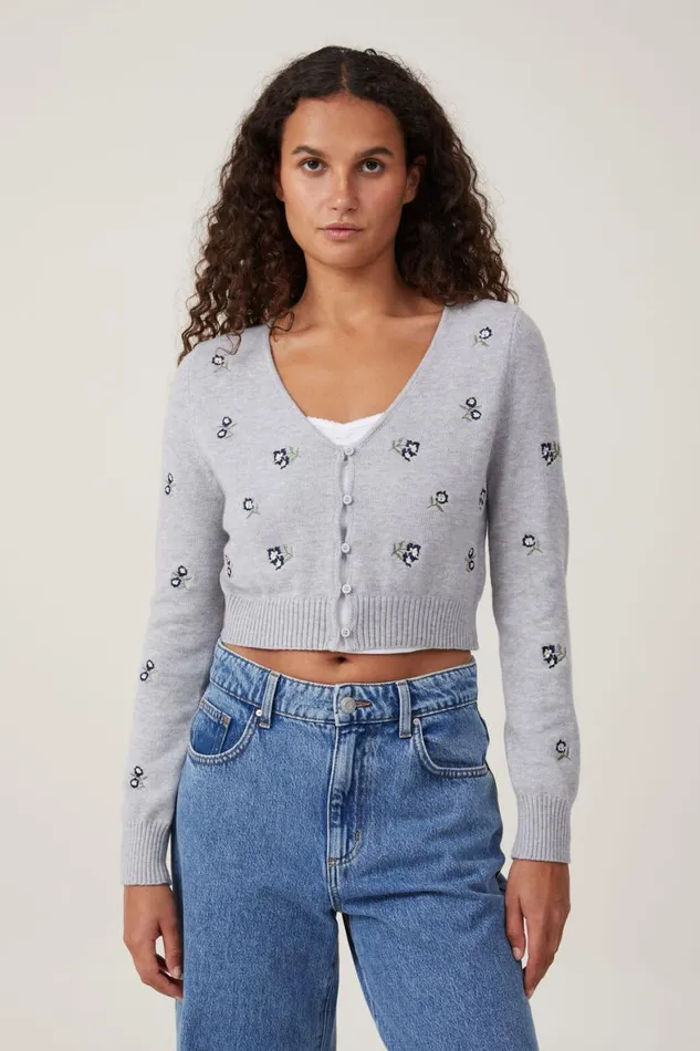 Women Sweaters and Cardigans Cotton On Everfine Crop V Neck Button Cardigan Grey Shadow Marle Embroidery