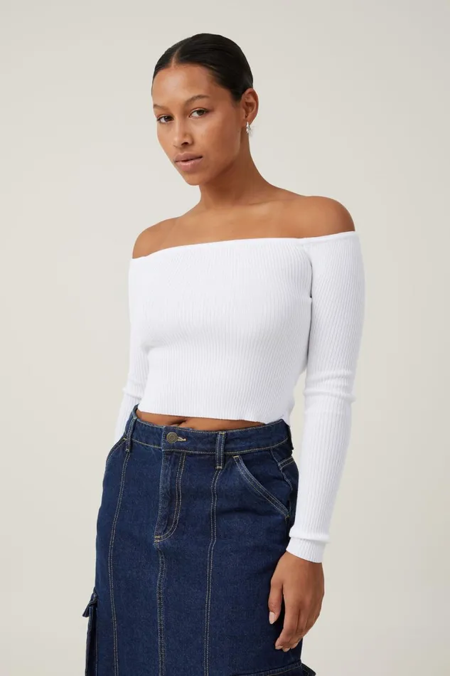Women Sweaters and Cardigans Cotton On Rib Off Shoulder Pullover White