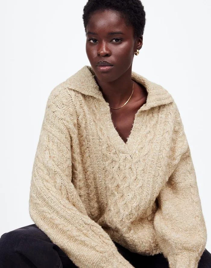 Women Sweaters Madewell CottonMerino Wool Blend CableKnit Sweater Sand