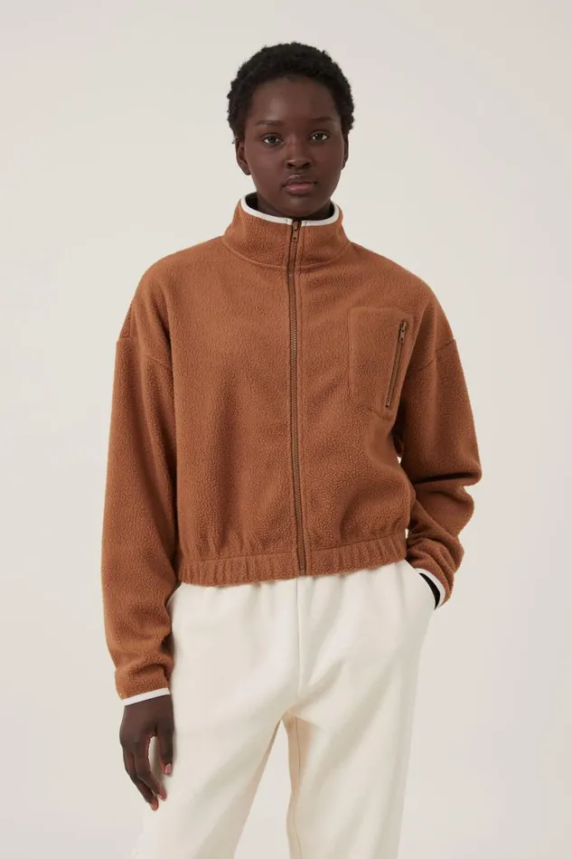 Women Sweats and Hoodies Cotton On Teddy Fleece Cropped Zip Through Leaf Brown