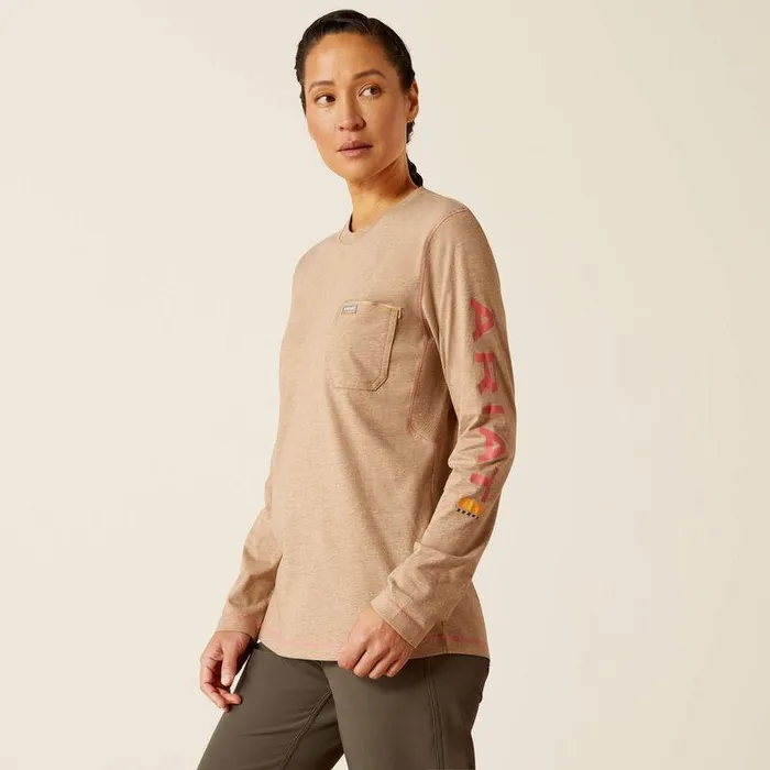 Women TShirts and Tops Ariat Rebar Workman Logo TShirt Oatmeal Heatherdesert Rose