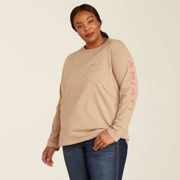 Women TShirts and Tops Ariat Rebar Workman Logo TShirt Oatmeal Heatherdesert Rose