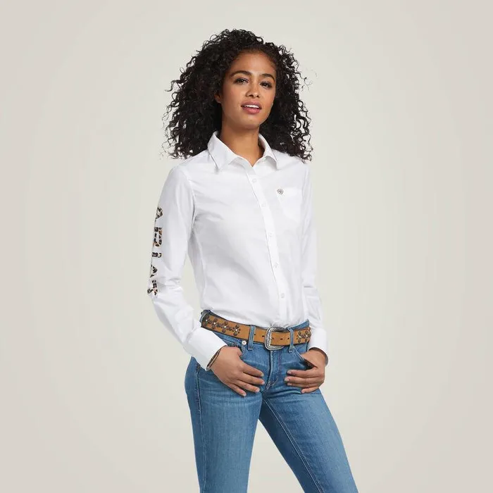 Women TShirts and Tops Ariat Team Kirby Stretch Shirt White Wand Leopard Logo