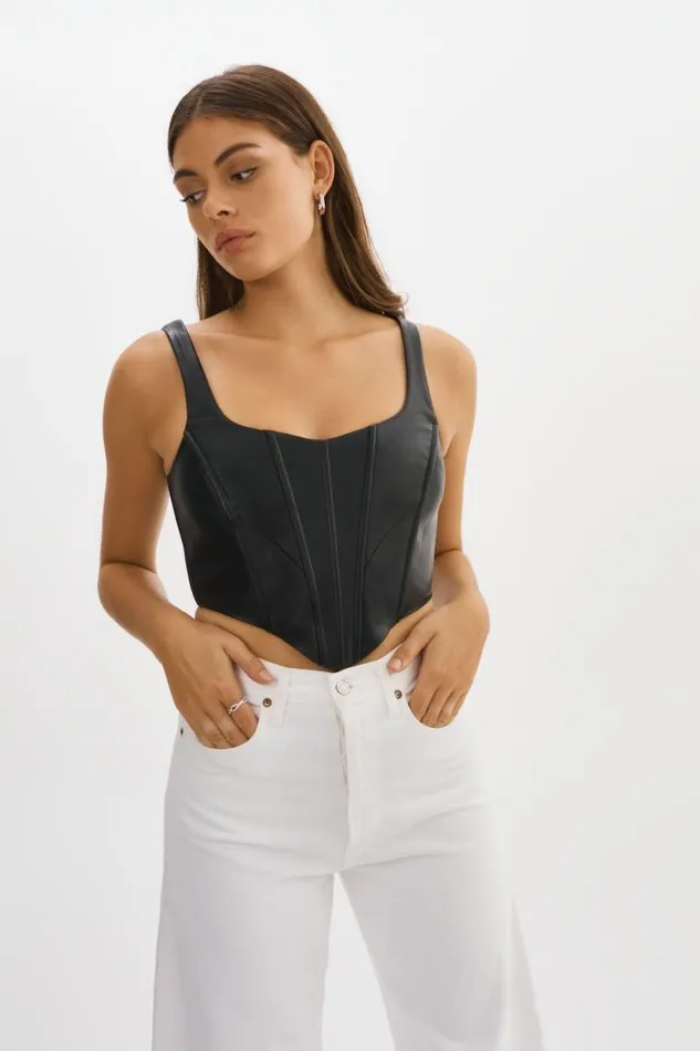 Women TABIA Leather Corset Top Black LAMARQUE Tops