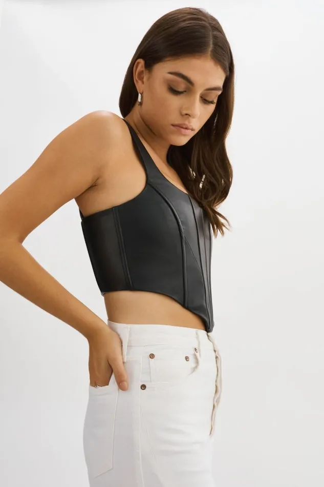 Women TABIA Leather Corset Top Black LAMARQUE Tops
