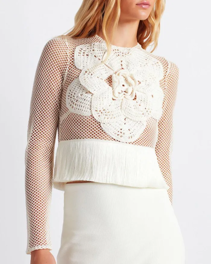 Women Tops and Bodysuits PatBO Embroidered Crochet Top FINAL SALE Ivory