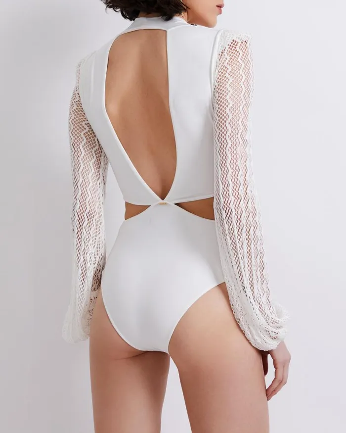 Women Tops and Bodysuits PatBO Plunge Netted Sleeve Swimsuit EXCLUSIVE White