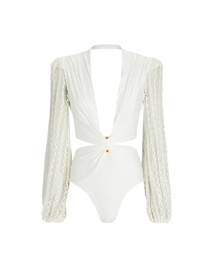 Women Tops and Bodysuits PatBO Plunge Netted Sleeve Swimsuit EXCLUSIVE White