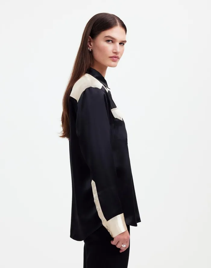 Women Tops and Shirts Madewell Alexa Chung For Madewell Satin Western Shirt True Black Alabaster