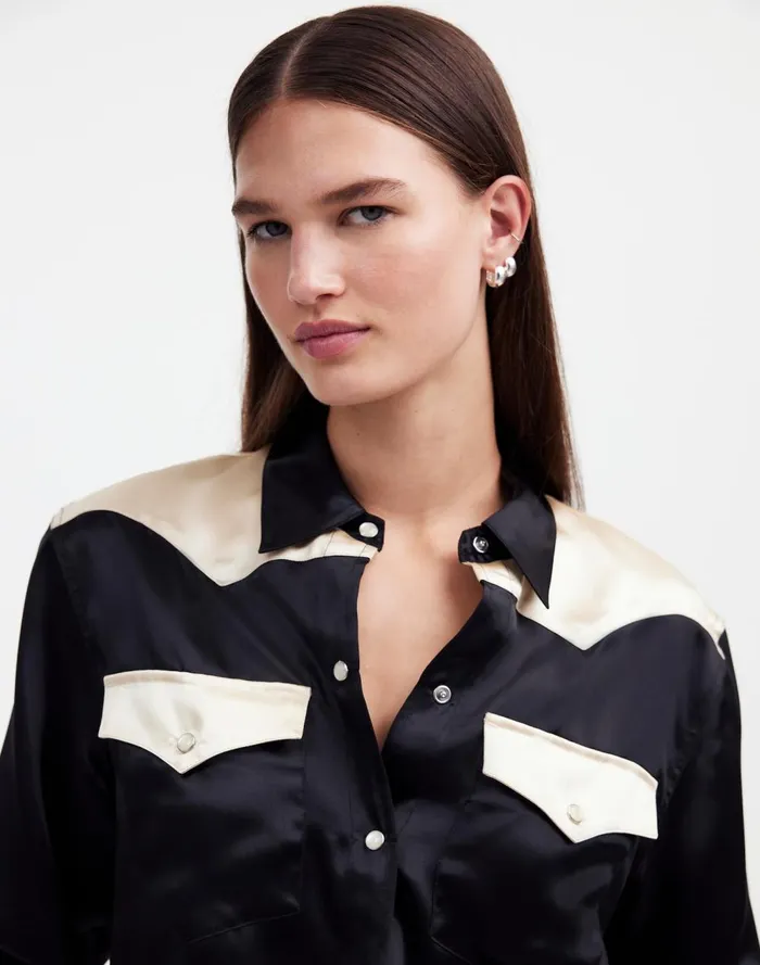 Women Tops and Shirts Madewell Alexa Chung For Madewell Satin Western Shirt True Black Alabaster