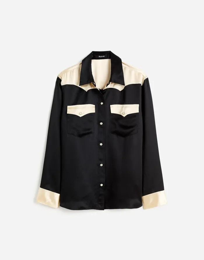 Women Tops and Shirts Madewell Alexa Chung For Madewell Satin Western Shirt True Black Alabaster