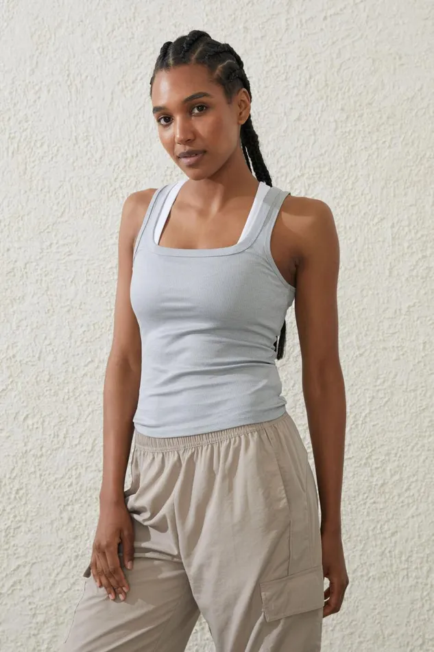 Women Tops Cotton On Active Rib Scoop Tank Light Grey Heather Marle