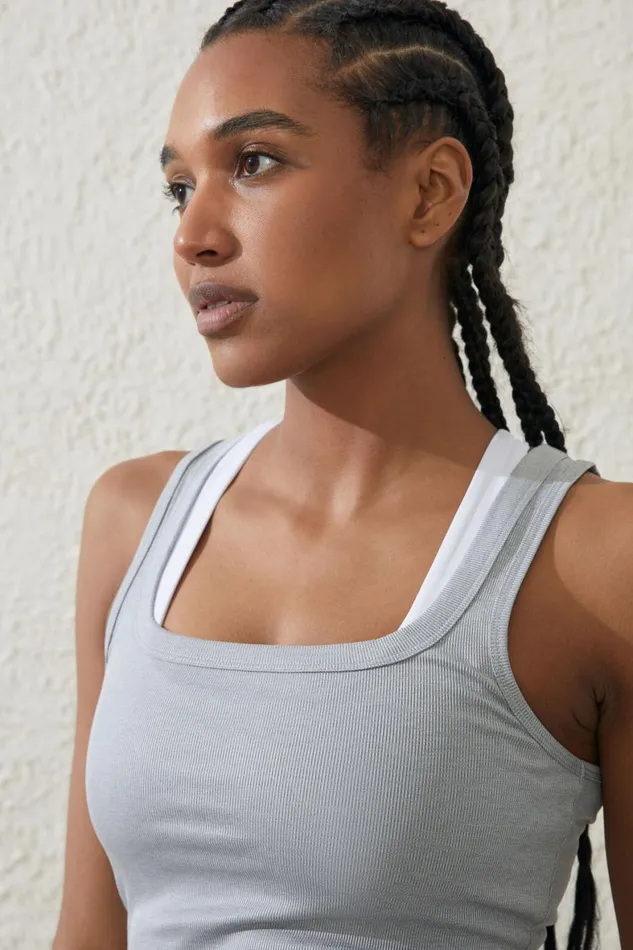 Women Tops Cotton On Active Rib Scoop Tank Light Grey Heather Marle
